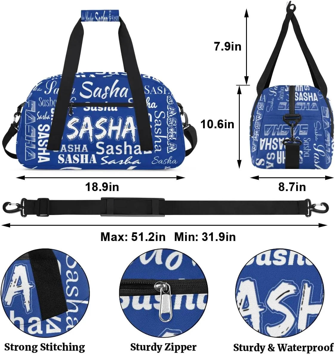Custom Dance Gym Bags for Women, Personalized Name Sport Duffel Bag Weekender Bags Travel Duffel Bag Cobalt Blue Gifts