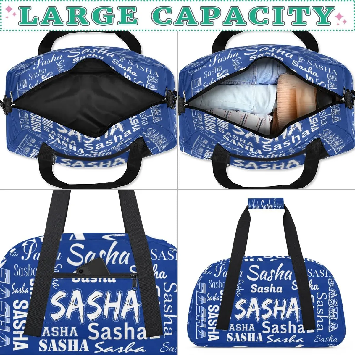 Custom Dance Gym Bags for Women, Personalized Name Sport Duffel Bag Weekender Bags Travel Duffel Bag Cobalt Blue Gifts