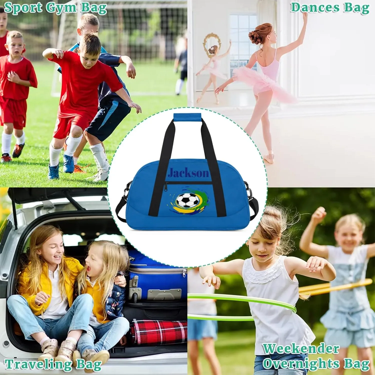Custom Kids Duffel Bags with Name - Lightweight Gym Bag for Boys & Girls, Personalized Sports Backpack for Workout, and Travel Football Blue