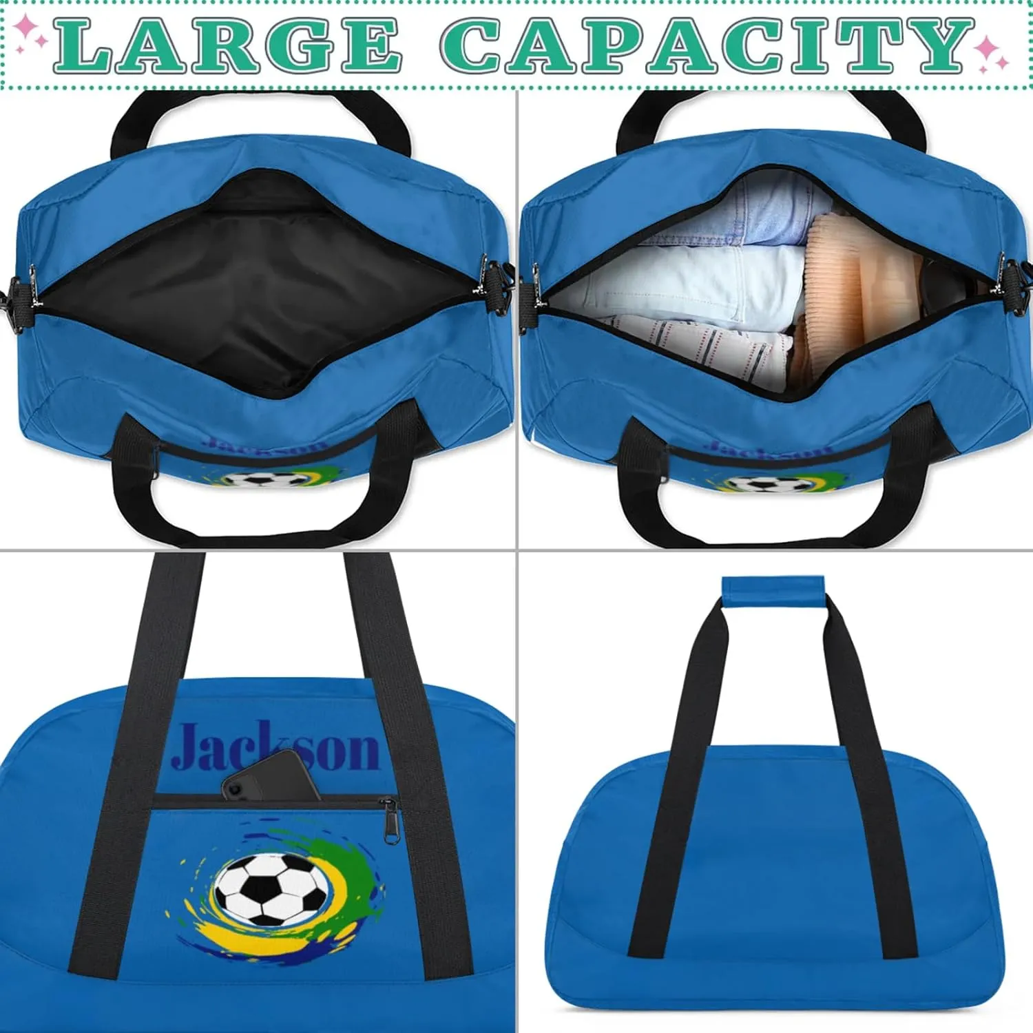 Custom Kids Duffel Bags with Name - Lightweight Gym Bag for Boys & Girls, Personalized Sports Backpack for Workout, and Travel Football Blue