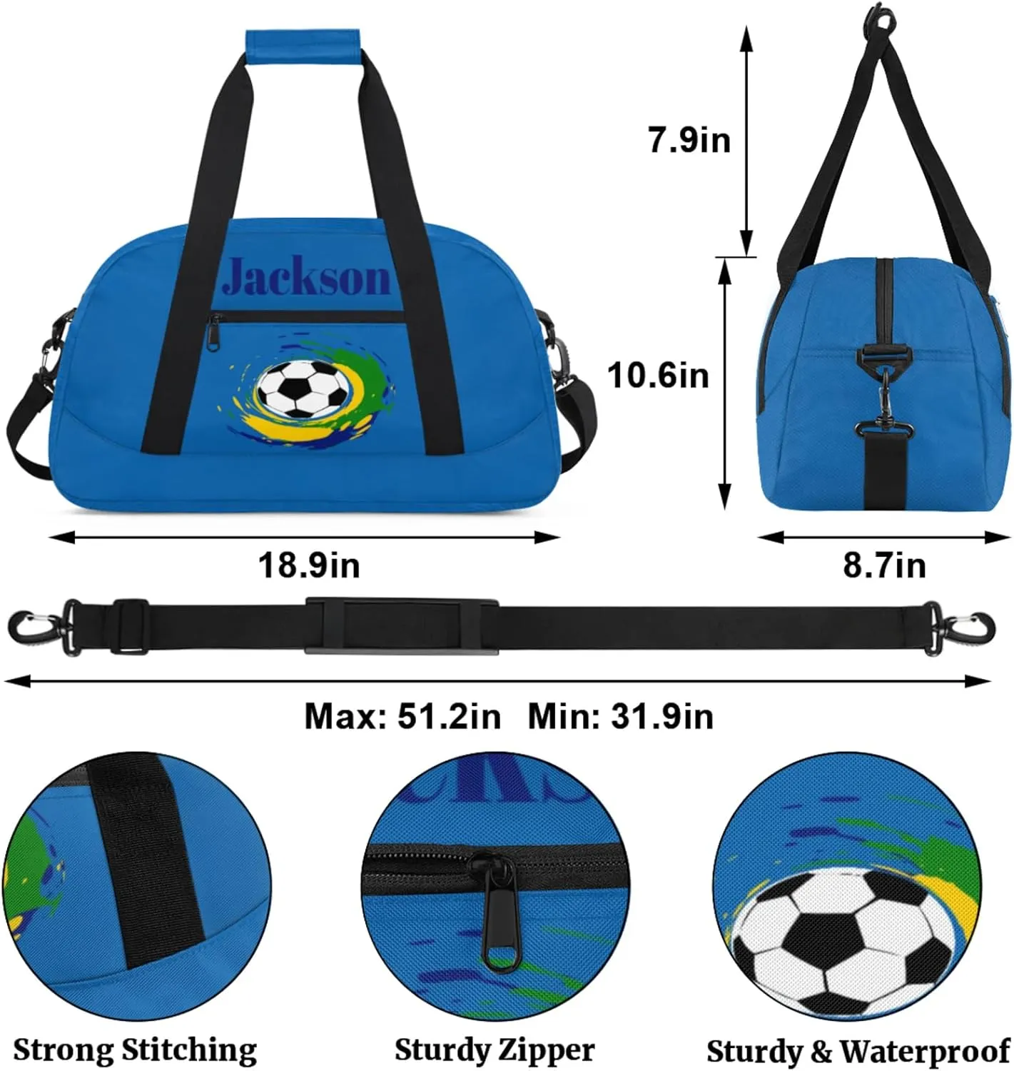 Custom Kids Duffel Bags with Name - Lightweight Gym Bag for Boys & Girls, Personalized Sports Backpack for Workout, and Travel Football Blue