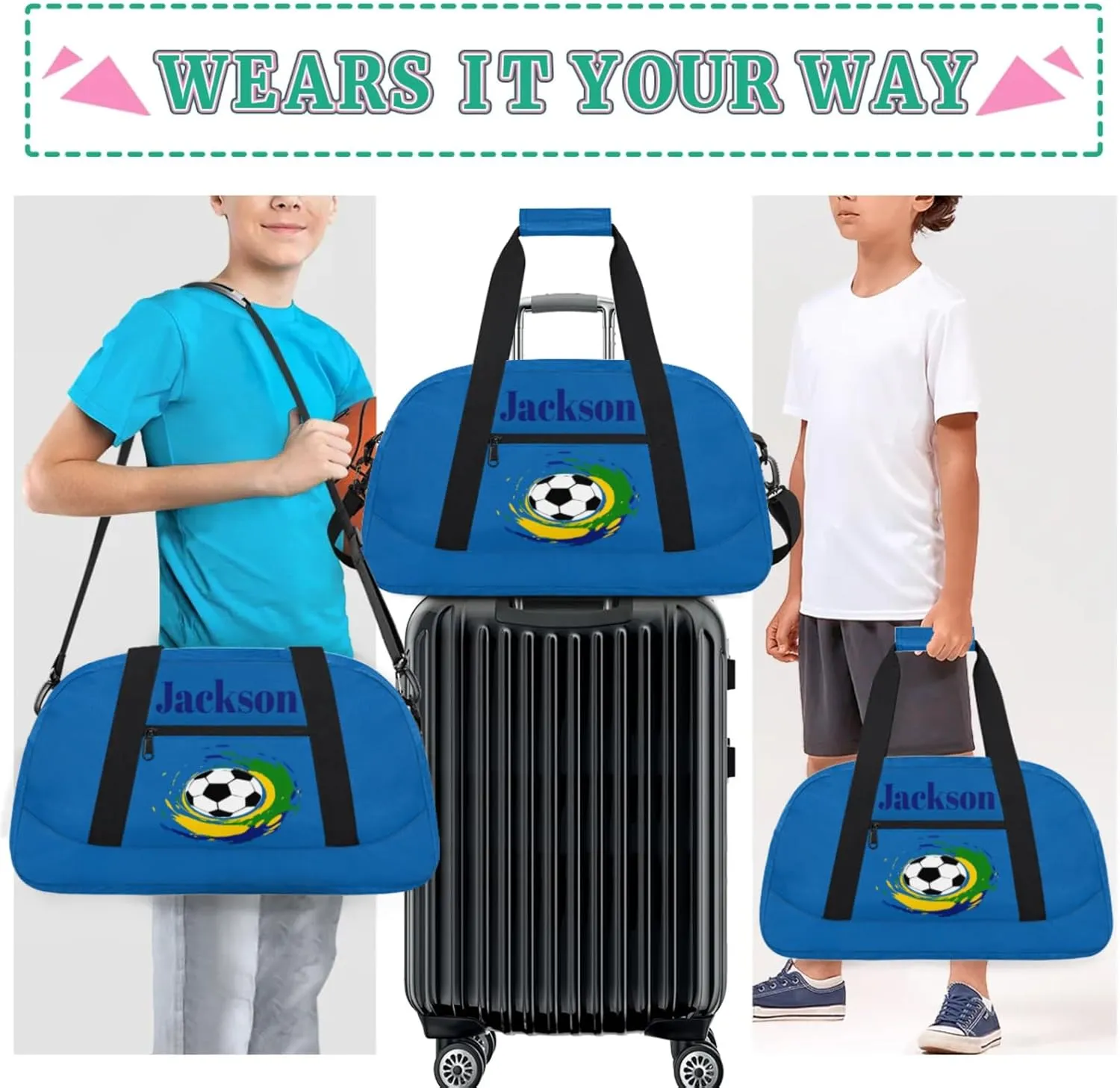 Custom Kids Duffel Bags with Name - Lightweight Gym Bag for Boys & Girls, Personalized Sports Backpack for Workout, and Travel Football Blue