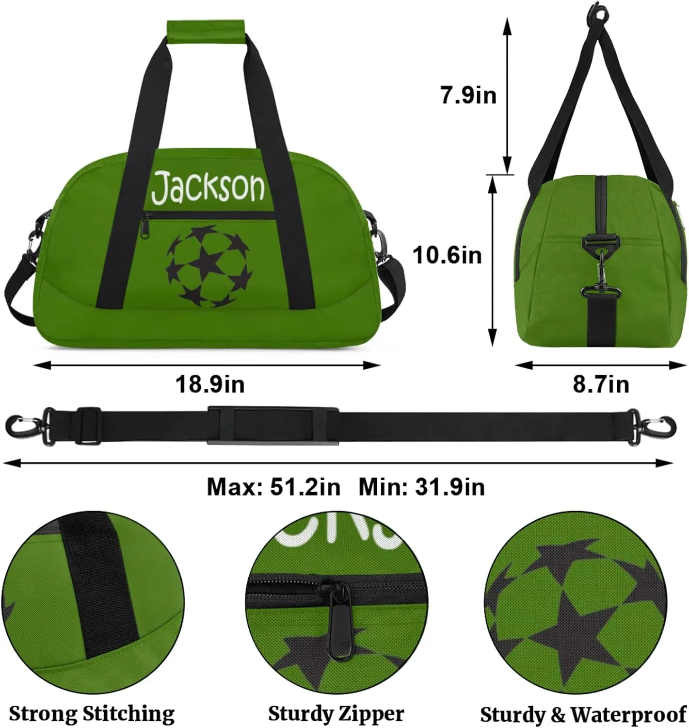 Custom Kids Duffel Bags with Name - Lightweight Gym Bag for Boys & Girls, Personalized Sports Backpack for Workout, and Travel Green Star Ball