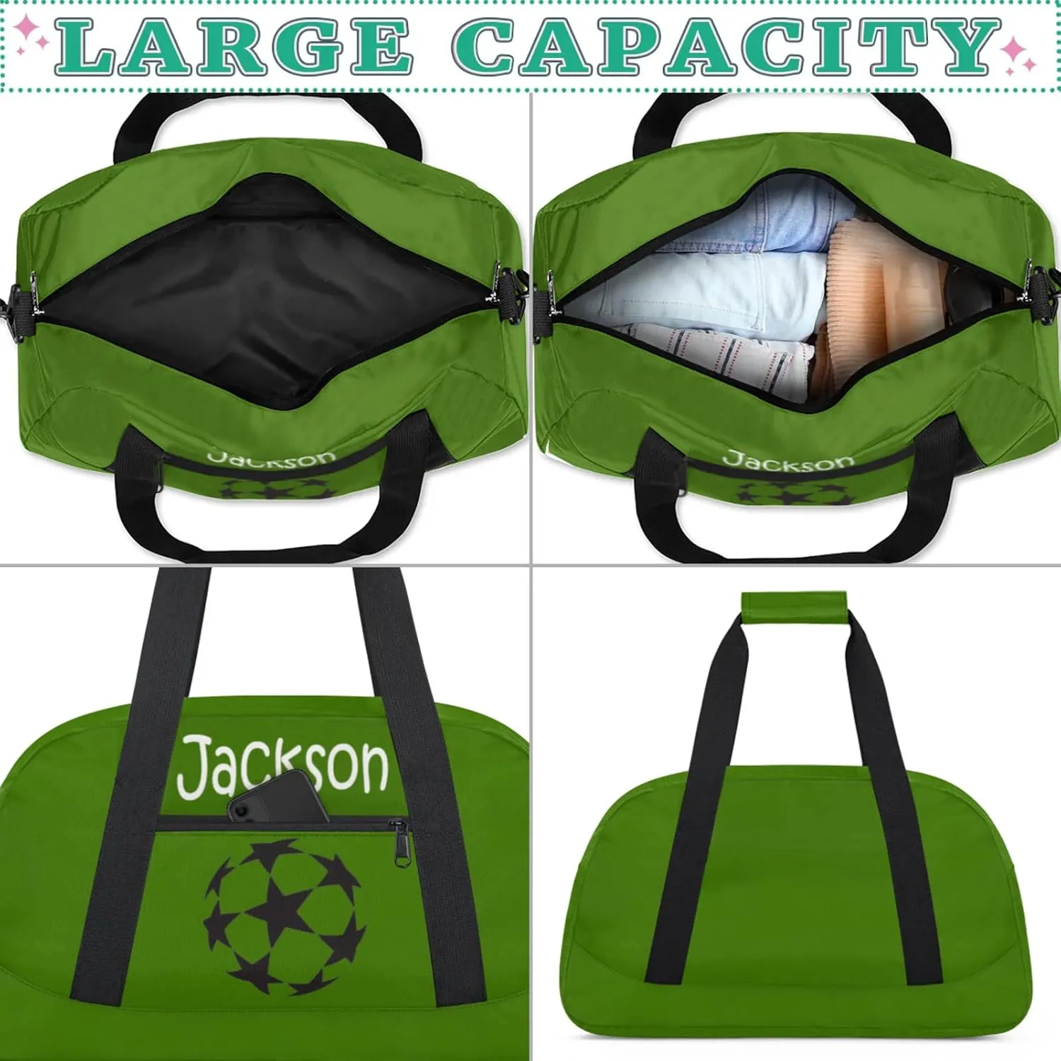 Custom Kids Duffel Bags with Name - Lightweight Gym Bag for Boys & Girls, Personalized Sports Backpack for Workout, and Travel Green Star Ball
