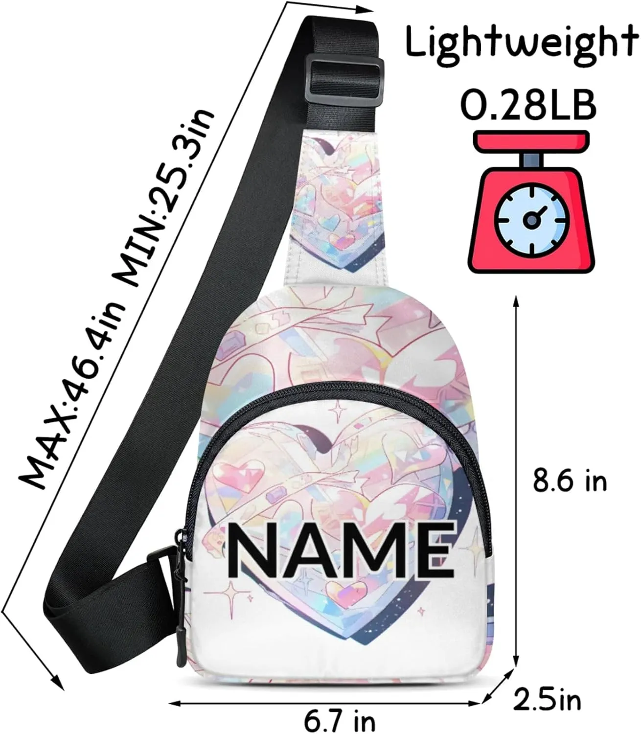 Custom Sling Bag Heart Cute Cross Body Customize Chest Bag Fashion Rhinestone Daypack for Outdoors Travel Hiking Sports