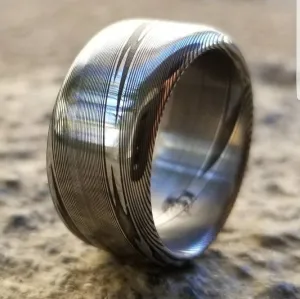 Customizable 5mm-12mm Stainless steel Damascus "super wood-grain" dark etch, damascus steel ring,  damascus ring
