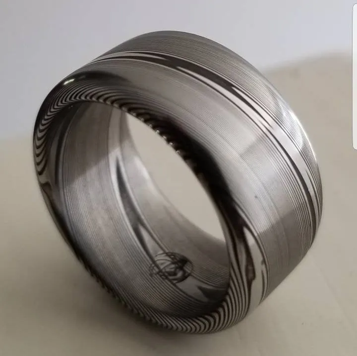 Customizable 5mm-12mm Stainless steel Damascus "super wood-grain" dark etch, damascus steel ring,  damascus ring