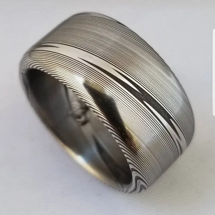 Customizable 5mm-12mm Stainless steel Damascus "super wood-grain" dark etch, damascus steel ring,  damascus ring