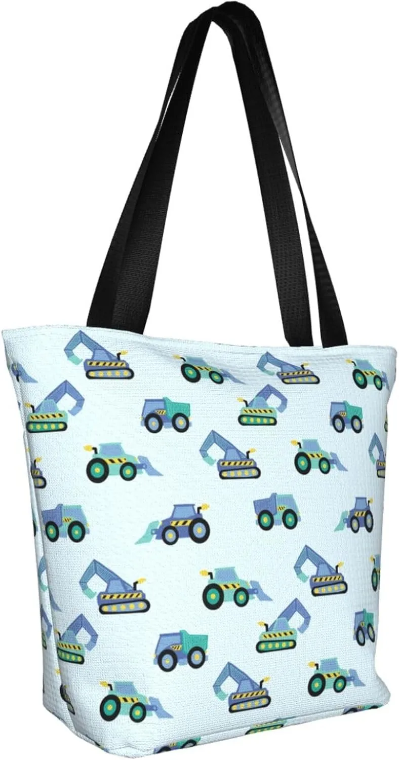 Cute Automobile Doodle Excavator Truck Women's Tote Bag Lightweight Shopping Handbag Travel Shoulder Bag With Zipper