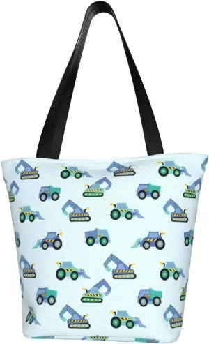 Cute Automobile Doodle Excavator Truck Women's Tote Bag Lightweight Shopping Handbag Travel Shoulder Bag With Zipper