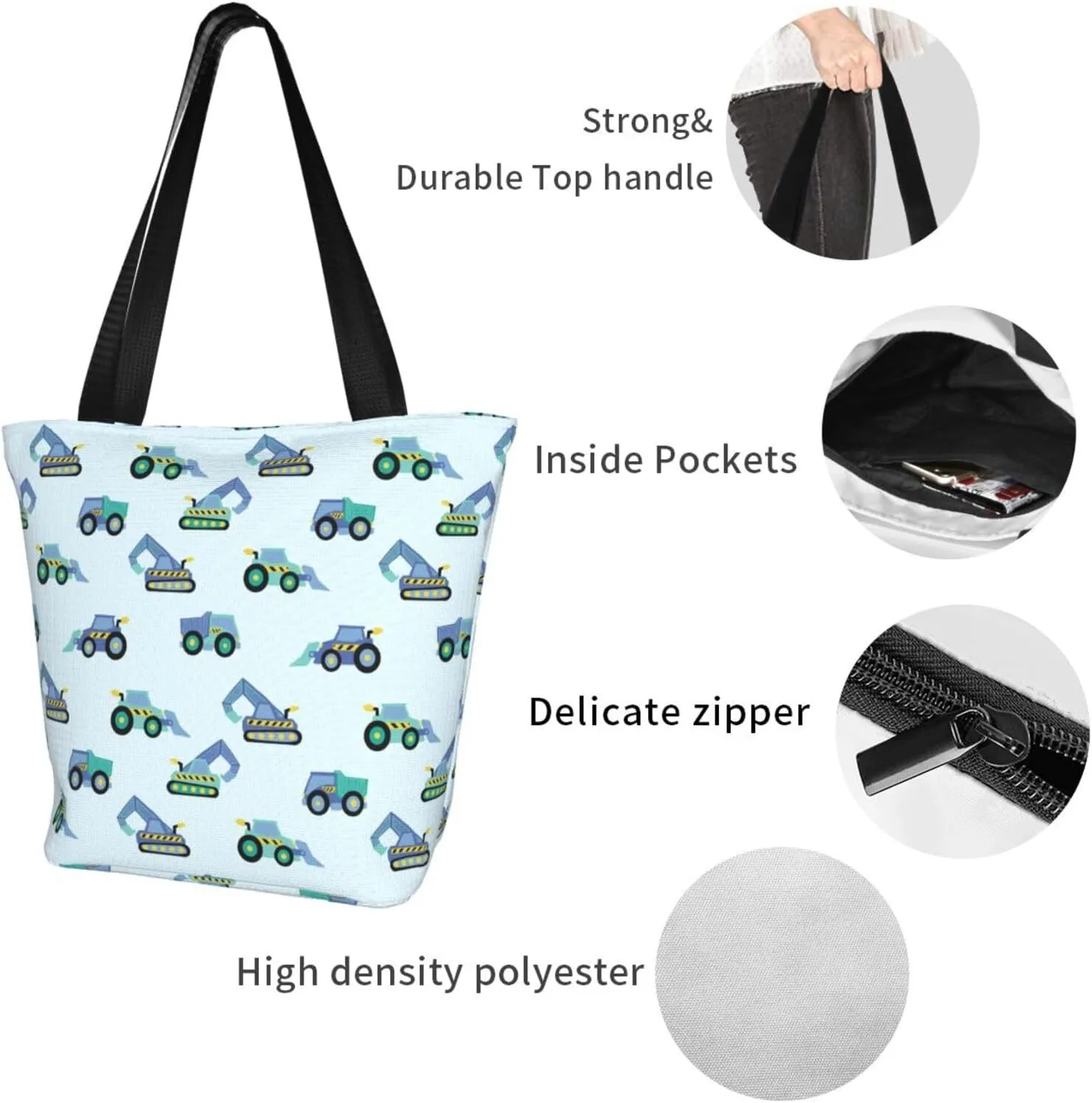 Cute Automobile Doodle Excavator Truck Women's Tote Bag Lightweight Shopping Handbag Travel Shoulder Bag With Zipper