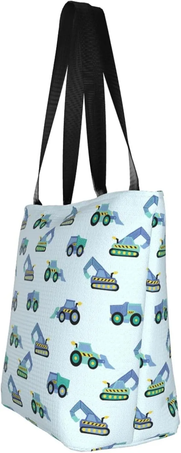 Cute Automobile Doodle Excavator Truck Women's Tote Bag Lightweight Shopping Handbag Travel Shoulder Bag With Zipper