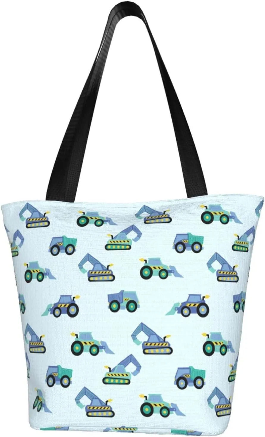Cute Automobile Doodle Excavator Truck Women's Tote Bag Lightweight Shopping Handbag Travel Shoulder Bag With Zipper