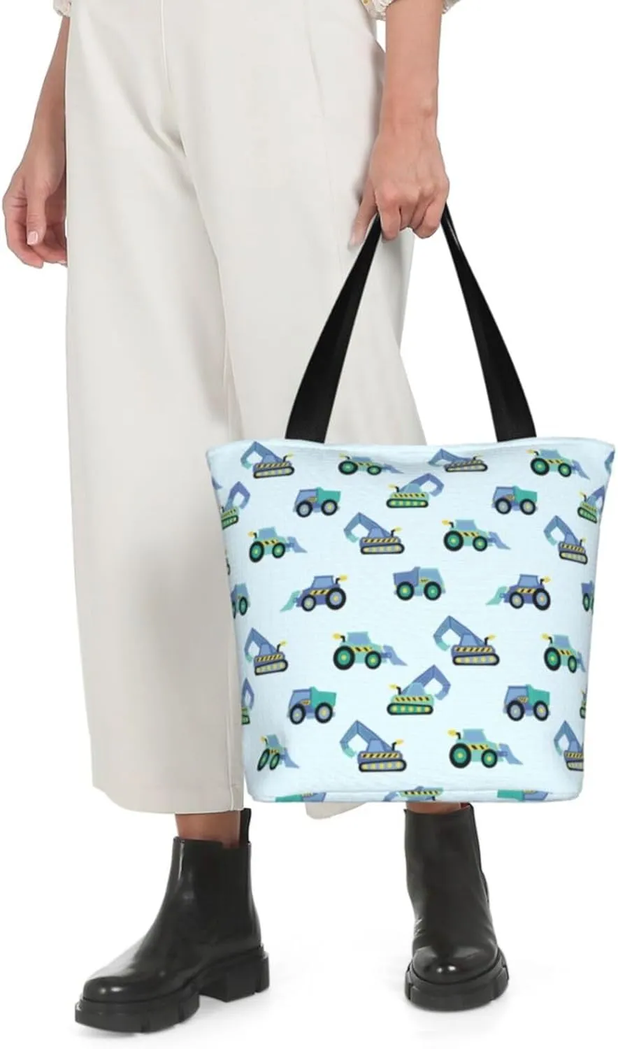 Cute Automobile Doodle Excavator Truck Women's Tote Bag Lightweight Shopping Handbag Travel Shoulder Bag With Zipper