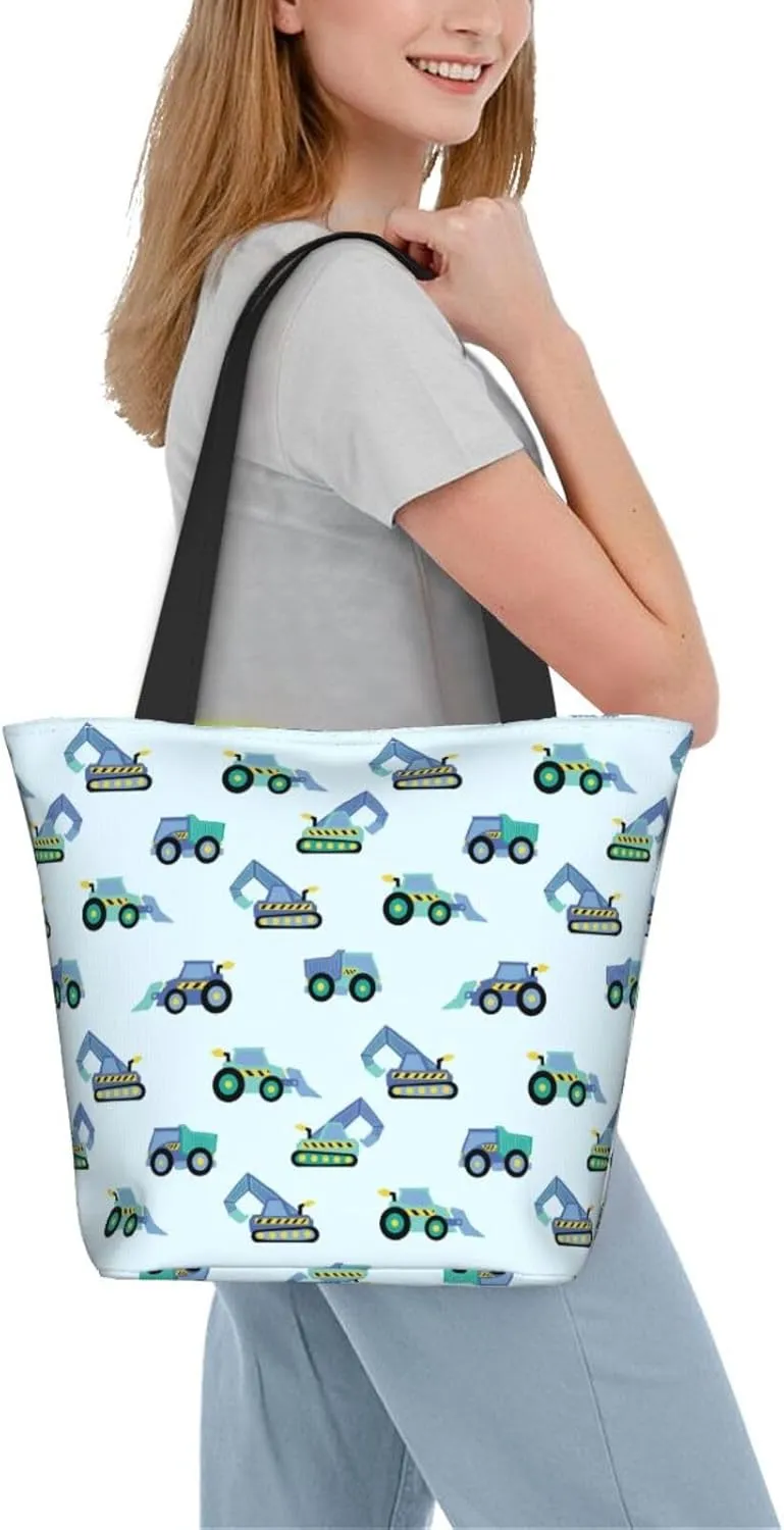 Cute Automobile Doodle Excavator Truck Women's Tote Bag Lightweight Shopping Handbag Travel Shoulder Bag With Zipper