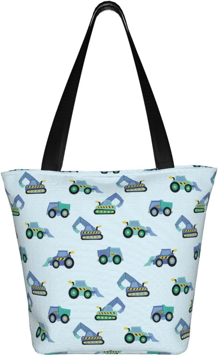 Cute Automobile Doodle Excavator Truck Women's Tote Bag Lightweight Shopping Handbag Travel Shoulder Bag With Zipper