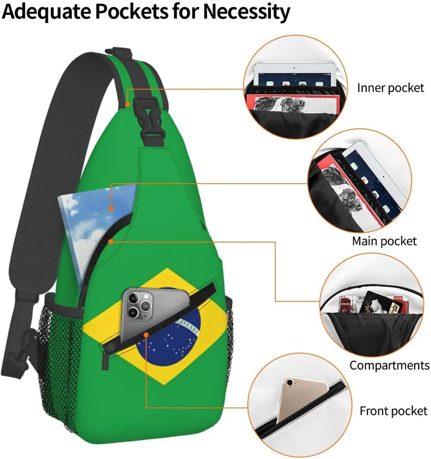 Cute Brazil Flag Sling Backpack Multipurpose Crossbody Sling Bag Travel Hiking Crossbody Shoulder Bag Backpack