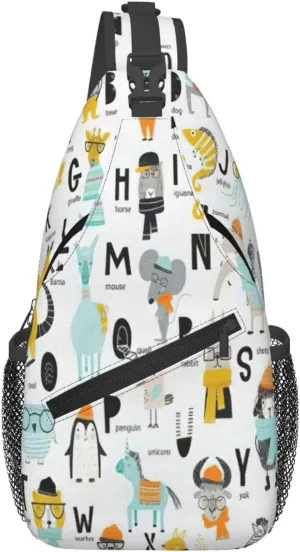 Cute Cartoon Animal Alphabet Print Sling Bag Crossbody Backpack For Women Men Hiking Travel Over The Shoulder Multipurpose Bag