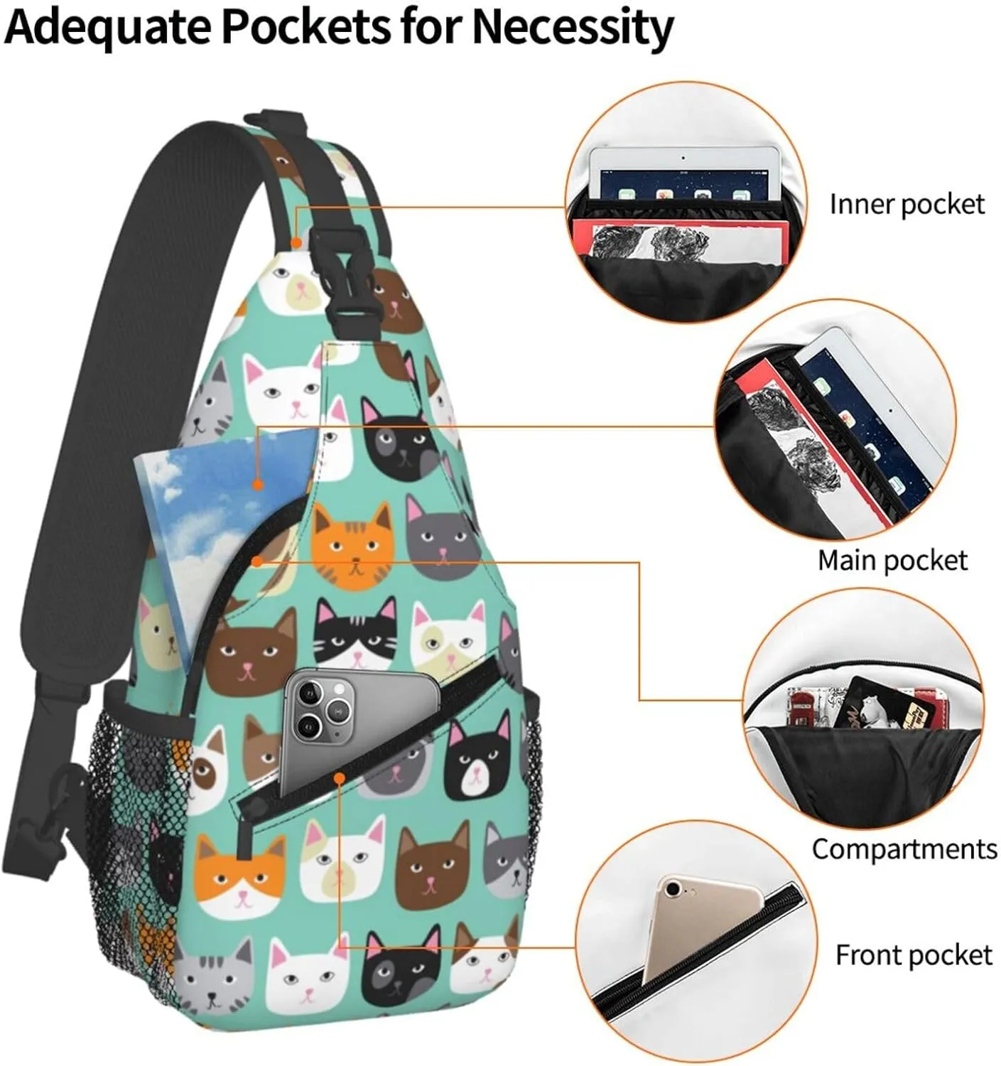 Cute Cat Sling Bags Women Men Lightweight Crossbody Cats Backpack Shoulder Bag for Sports Outdoor Chest Bag