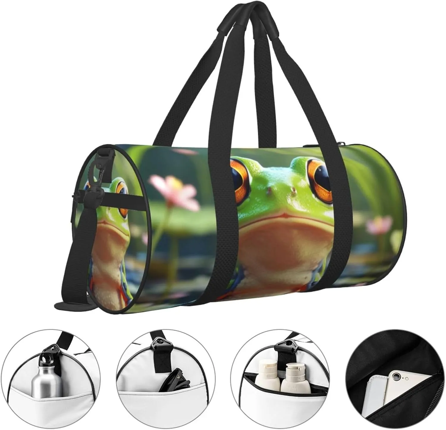 Cute Frog Printed Travel Bag,Round Personal Item Storage bag,Foldie Duffel Bag for Traveling Vacation,Fitness,Sports
