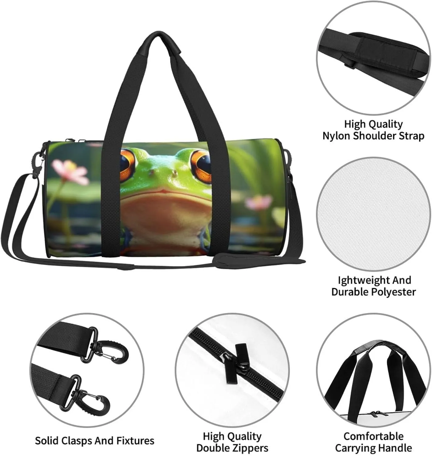 Cute Frog Printed Travel Bag,Round Personal Item Storage bag,Foldie Duffel Bag for Traveling Vacation,Fitness,Sports