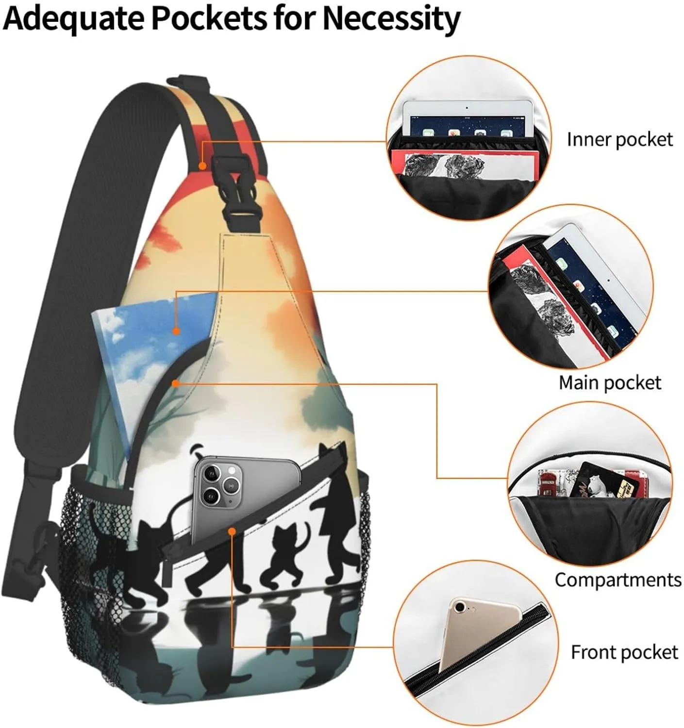 cute happy kitten Print Sling Backpack, Sling Bag, Crossbody Chest Bag Daypack, for Hiking Travel