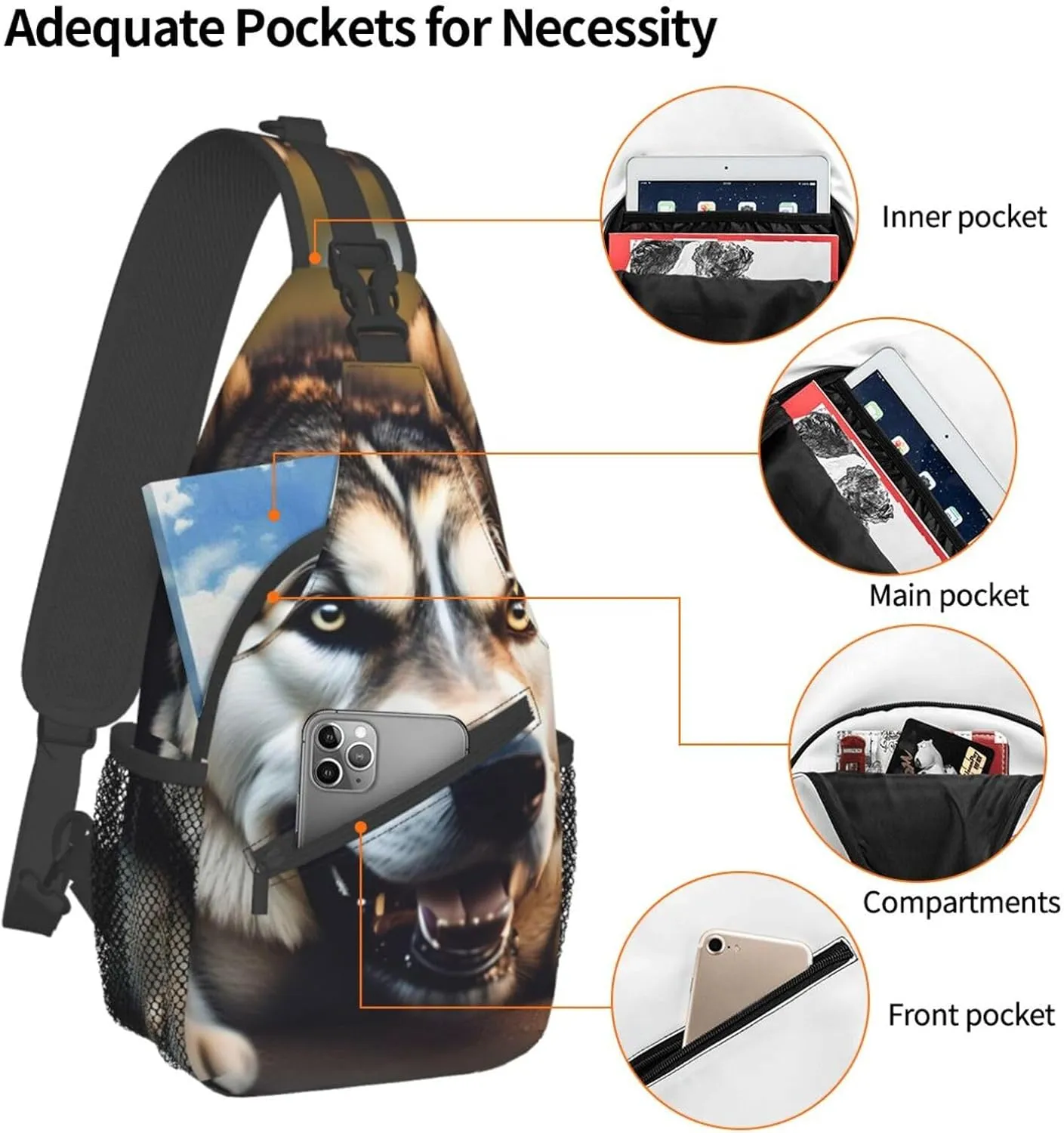 Cute Husky Unisex Casual Diagonal Chest Bag,Multipurpose Crossbody Shoulder Bag Travel Hiking Daypack