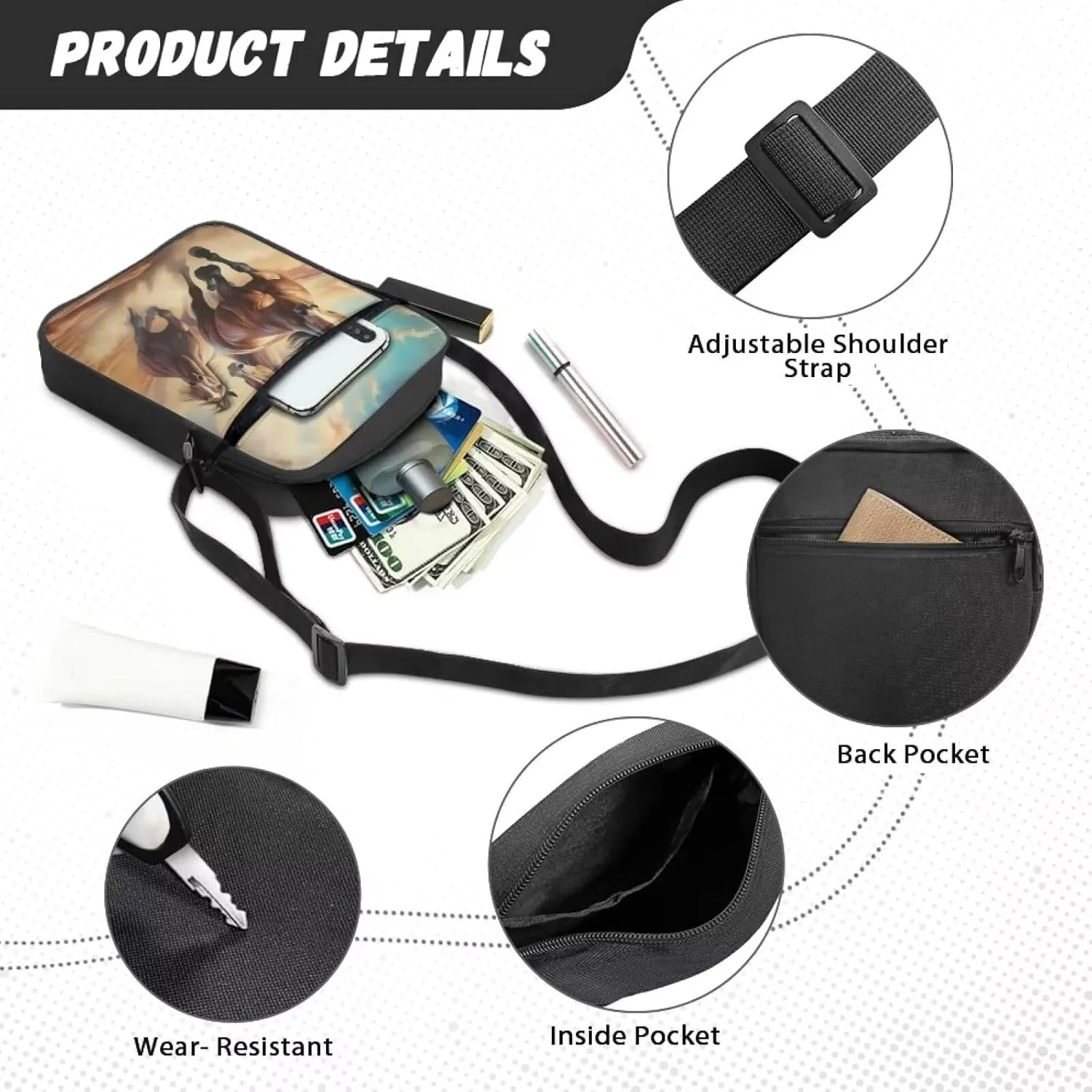 Cute Messenger Bag with Zipper and Front Pocket Sling Crossbody Shoulder Bags Adjustable Strap