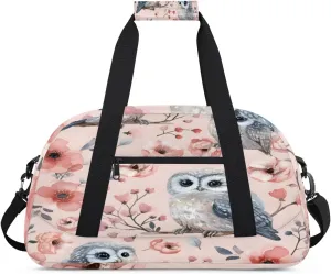 Cute Owl Gym Duffel Bag for Men Women Watercolor Flower Sports Tote Bag with Adjustable Shoulder Strap for Dance Gymnastics Traveling Outdoor Camping Overnight Stay