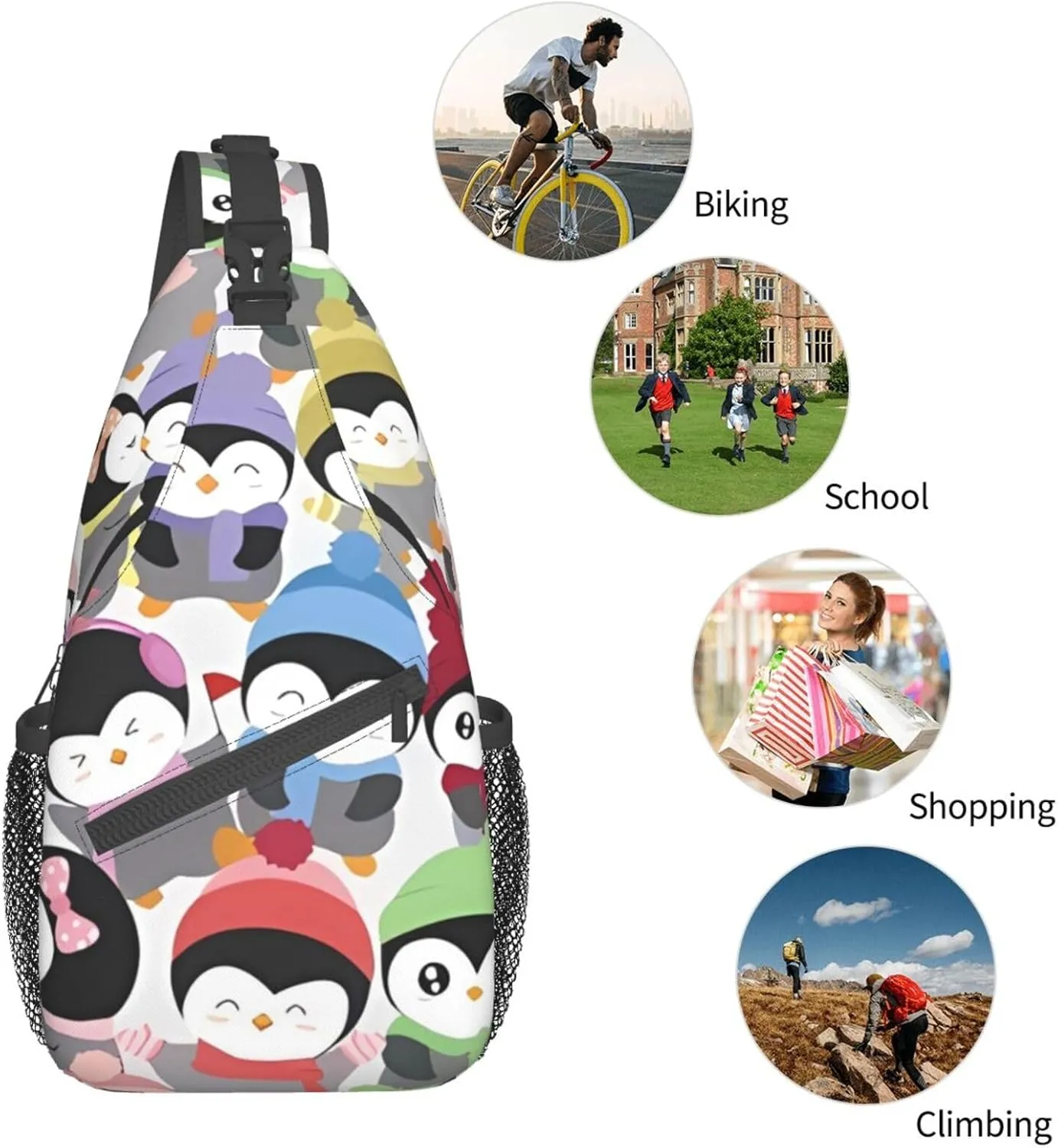 Cute Penguins Sling Bag for Women Mens Crossbody Sling Backpack Cycling Hiking Daypack Chest Shoulder Bag with Adjustable Strap