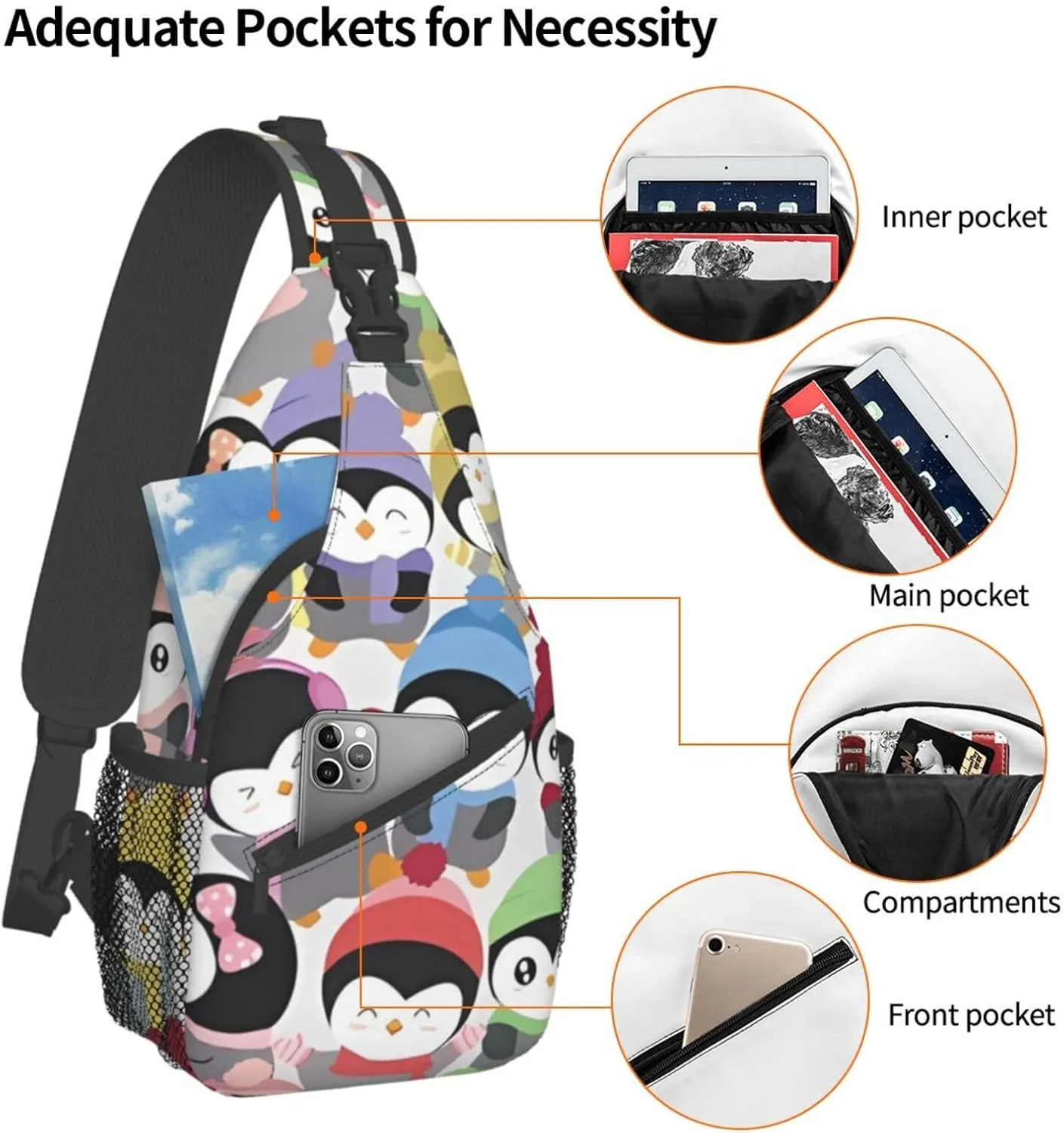 Cute Penguins Sling Bag for Women Mens Crossbody Sling Backpack Cycling Hiking Daypack Chest Shoulder Bag with Adjustable Strap