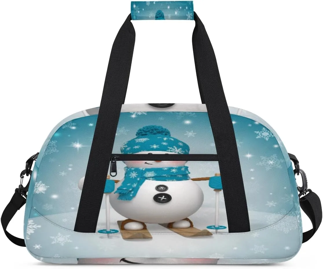 Cute Snowman Gym Duffel Bag for Men Women Sled Snowflake Sports Tote Bag with Adjustable Shoulder Strap for Dance Gymnastics Traveling Outdoor Camping Overnight Stay