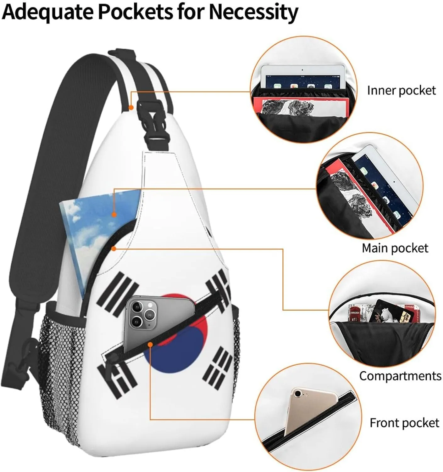 Cute South Korea Flag Sling Backpack Multipurpose Crossbody Sling Bag Travel Hiking Crossbody Shoulder Bag Backpack