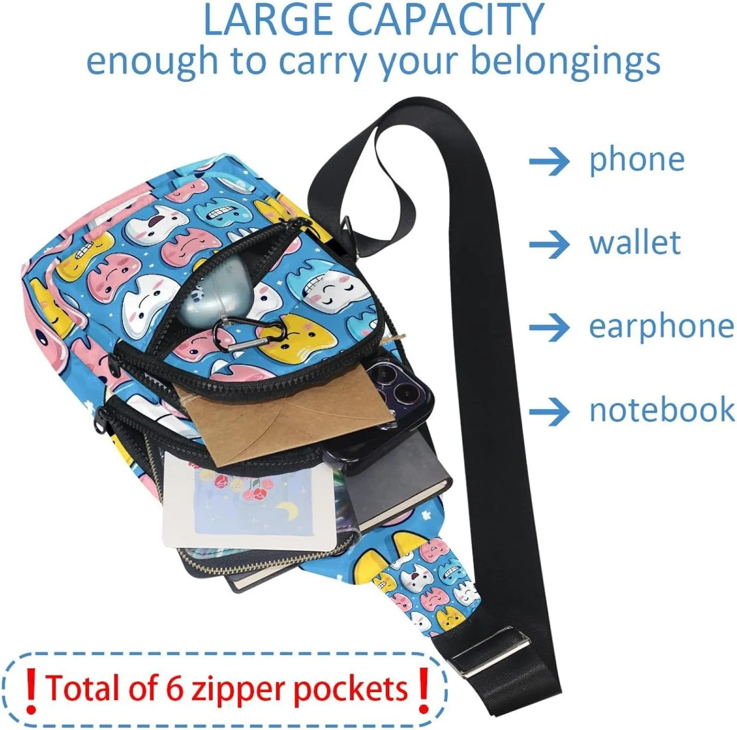Cute Teeth Sling Backpack, Adjustable Crossbody Shoulder Bag Travel Hiking Daypack