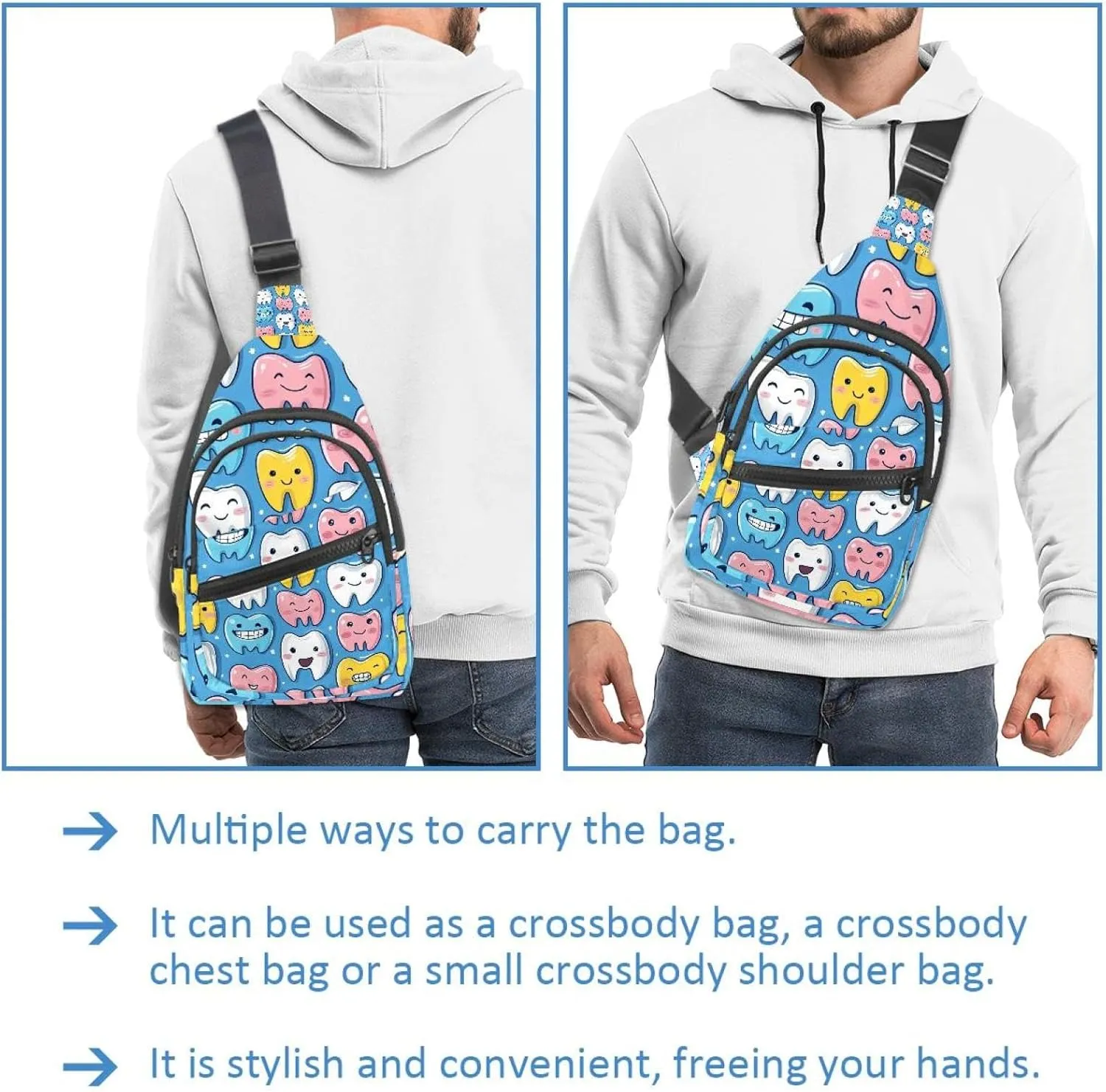 Cute Teeth Sling Backpack, Adjustable Crossbody Shoulder Bag Travel Hiking Daypack