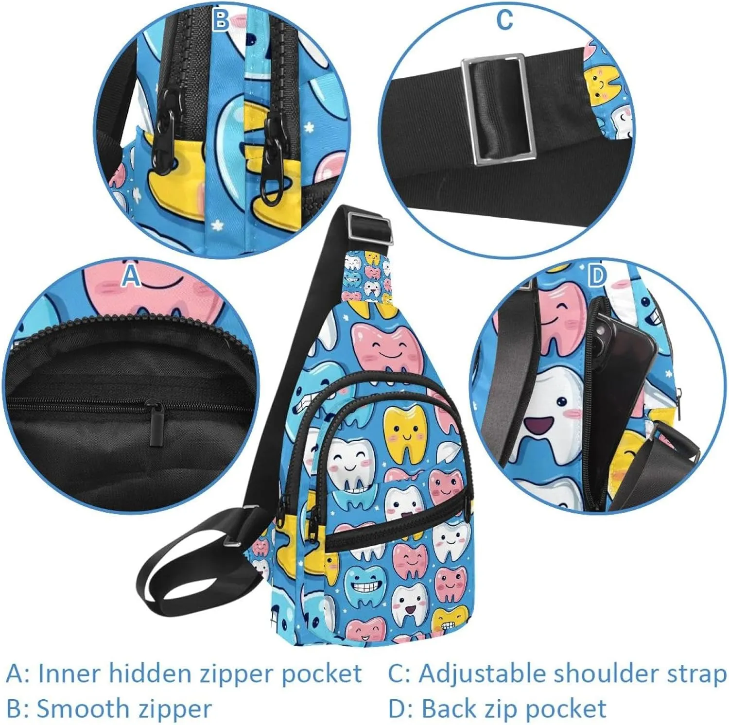 Cute Teeth Sling Backpack, Adjustable Crossbody Shoulder Bag Travel Hiking Daypack