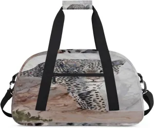 Cute White Grey Leopard Gym Duffel Bag for Men Women Ink Painting Sports Tote Bag with Adjustable Shoulder Strap for Dance Gymnastics Traveling Outdoor Camping Overnight Stay