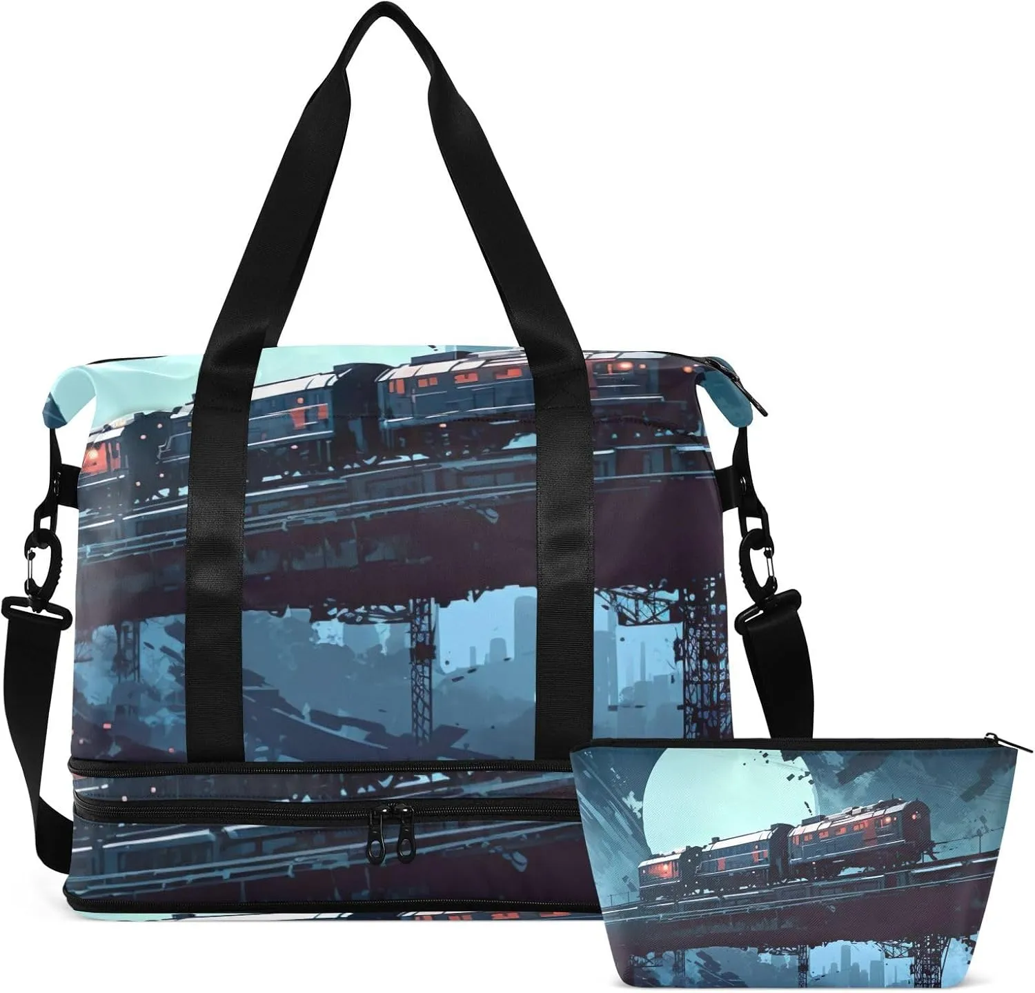 Cyberpunk Train Bridge Gym Bag for Women & Men,Duffel Bag with Shoe Pocket,Weekender Overnight Bag with Trolley Sleeve for Travel 21216389