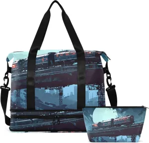 Cyberpunk Train Bridge Gym Bag for Women & Men,Duffel Bag with Shoe Pocket,Weekender Overnight Bag with Trolley Sleeve for Travel 21216389