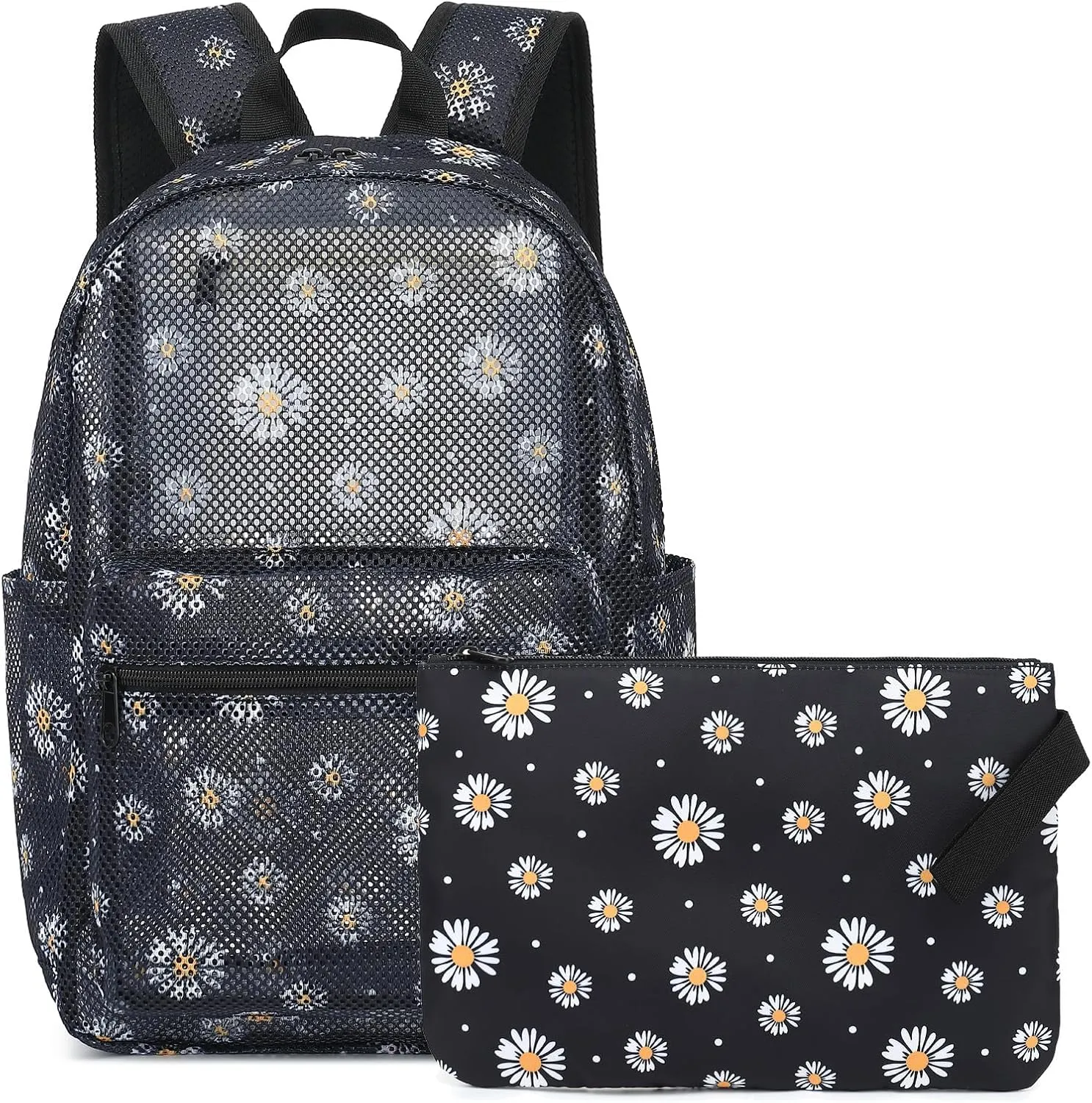 Daisy Mesh Backpack for Girls Women, See Through Casual School College Student Bookbag (Black)