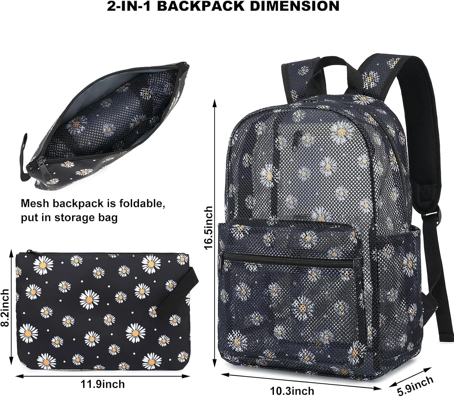 Daisy Mesh Backpack for Girls Women, See Through Casual School College Student Bookbag (Black)