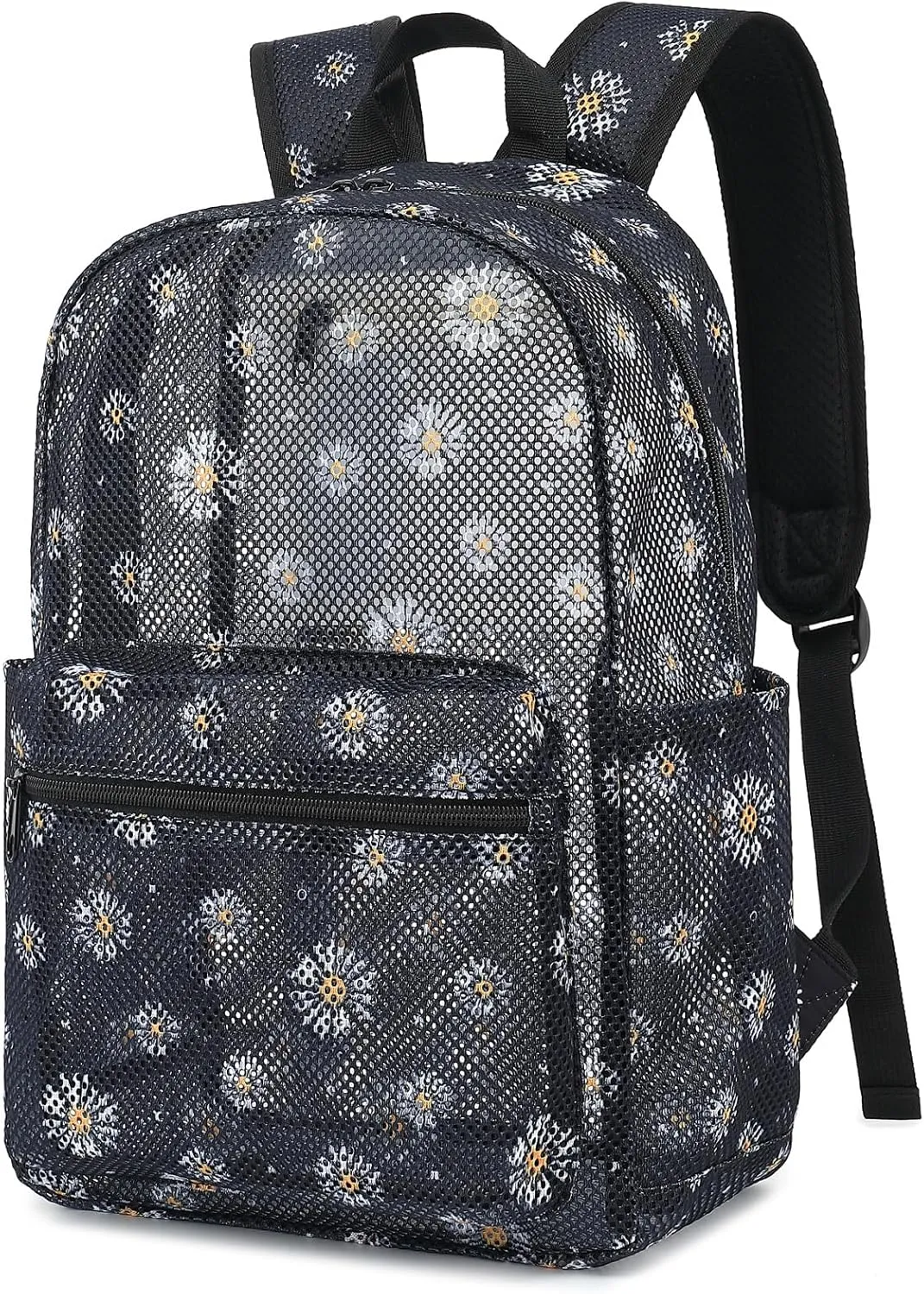 Daisy Mesh Backpack for Girls Women, See Through Casual School College Student Bookbag (Black)