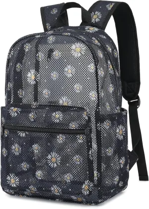 Daisy Mesh Backpack for Girls Women, See Through Casual School College Student Bookbag (Black)