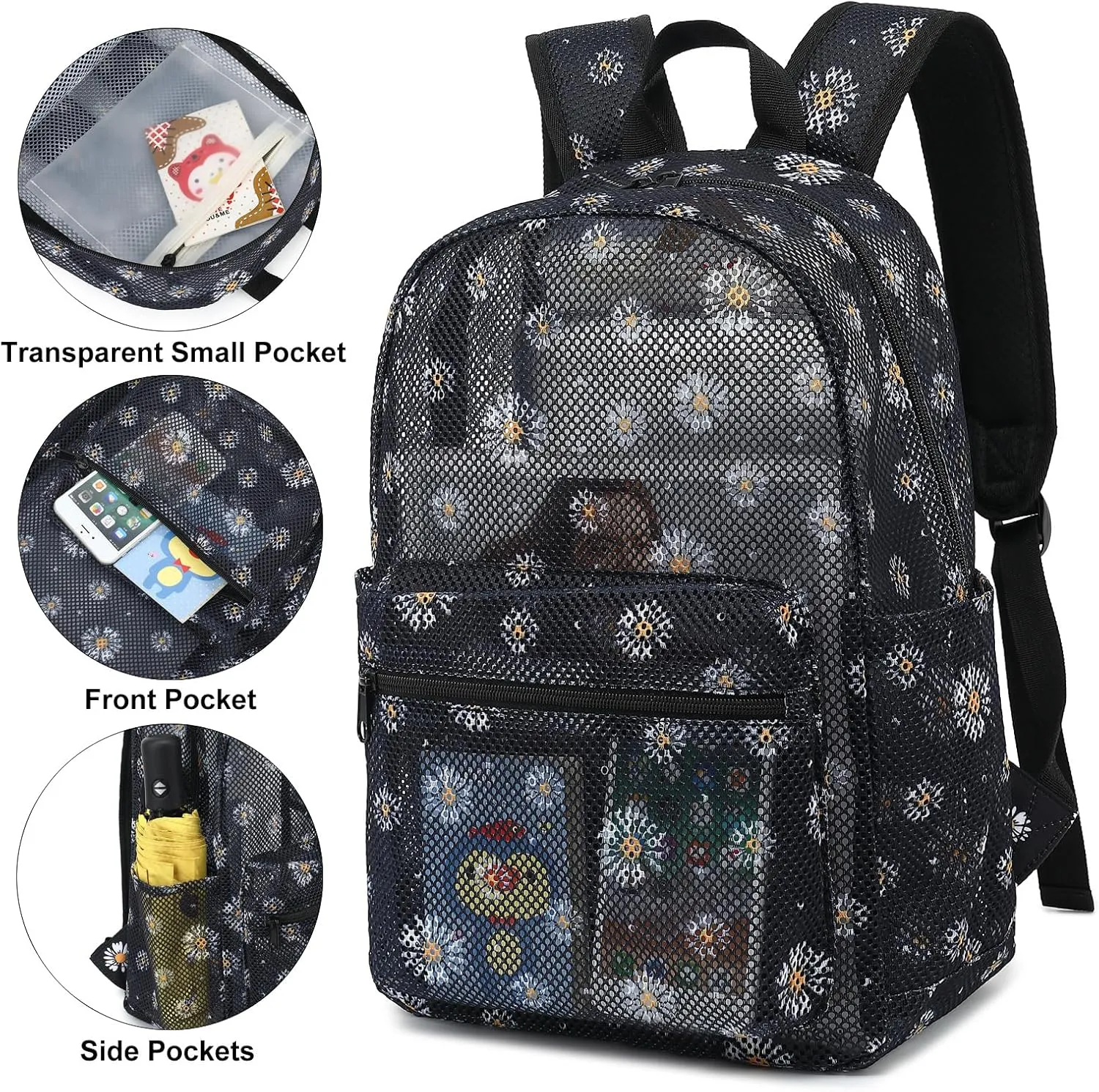Daisy Mesh Backpack for Girls Women, See Through Casual School College Student Bookbag (Black)