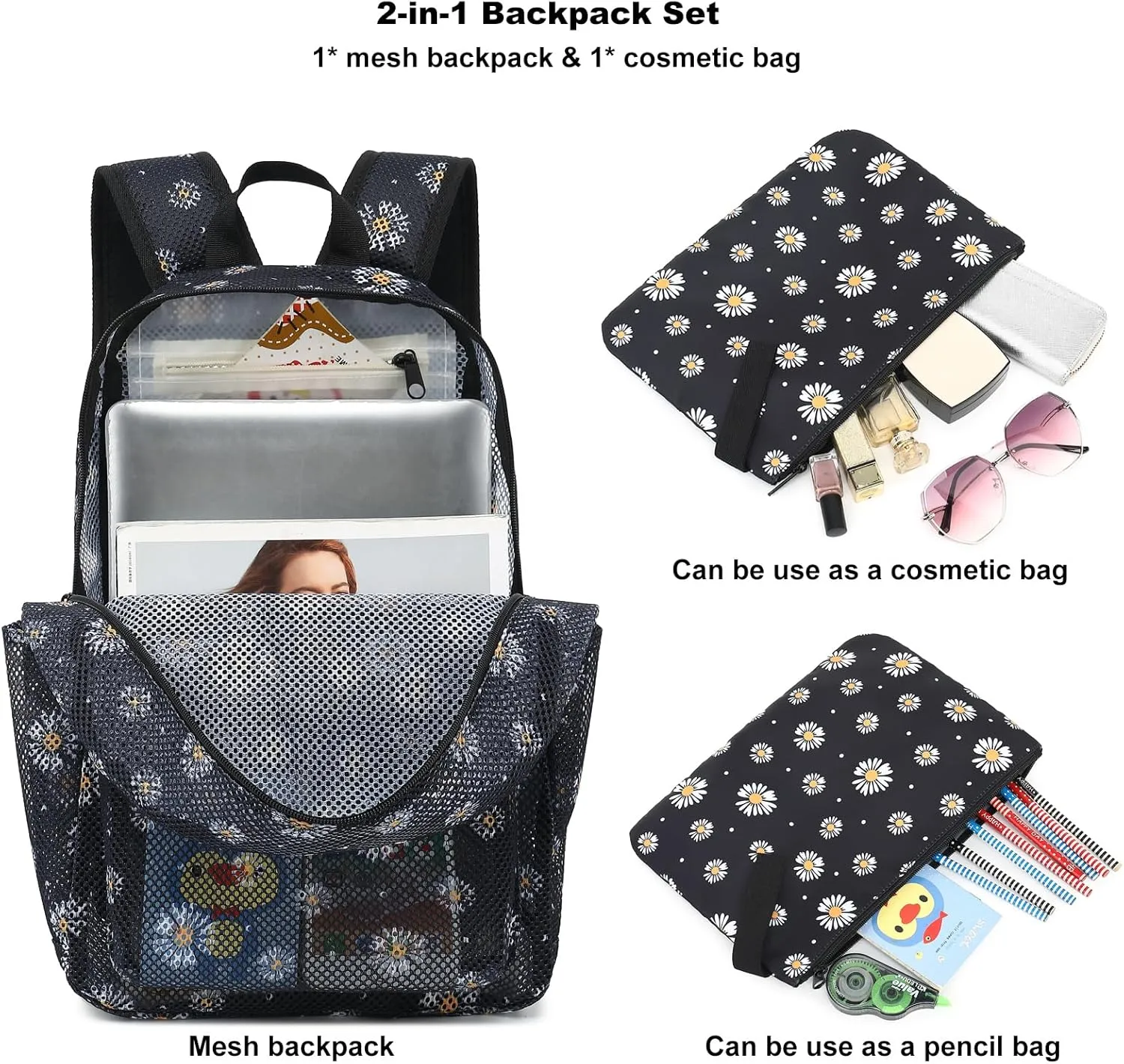 Daisy Mesh Backpack for Girls Women, See Through Casual School College Student Bookbag (Black)