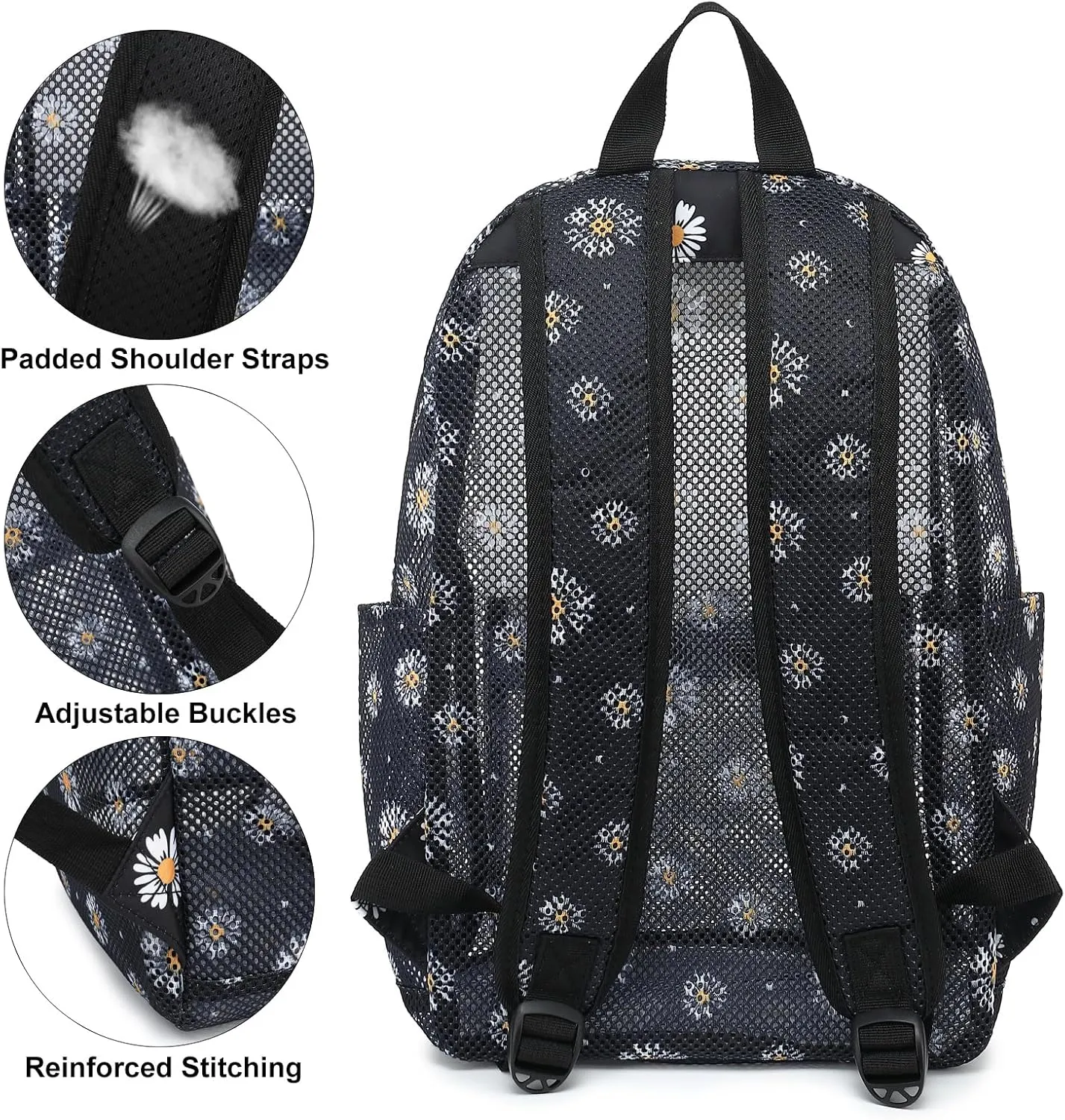 Daisy Mesh Backpack for Girls Women, See Through Casual School College Student Bookbag (Black)