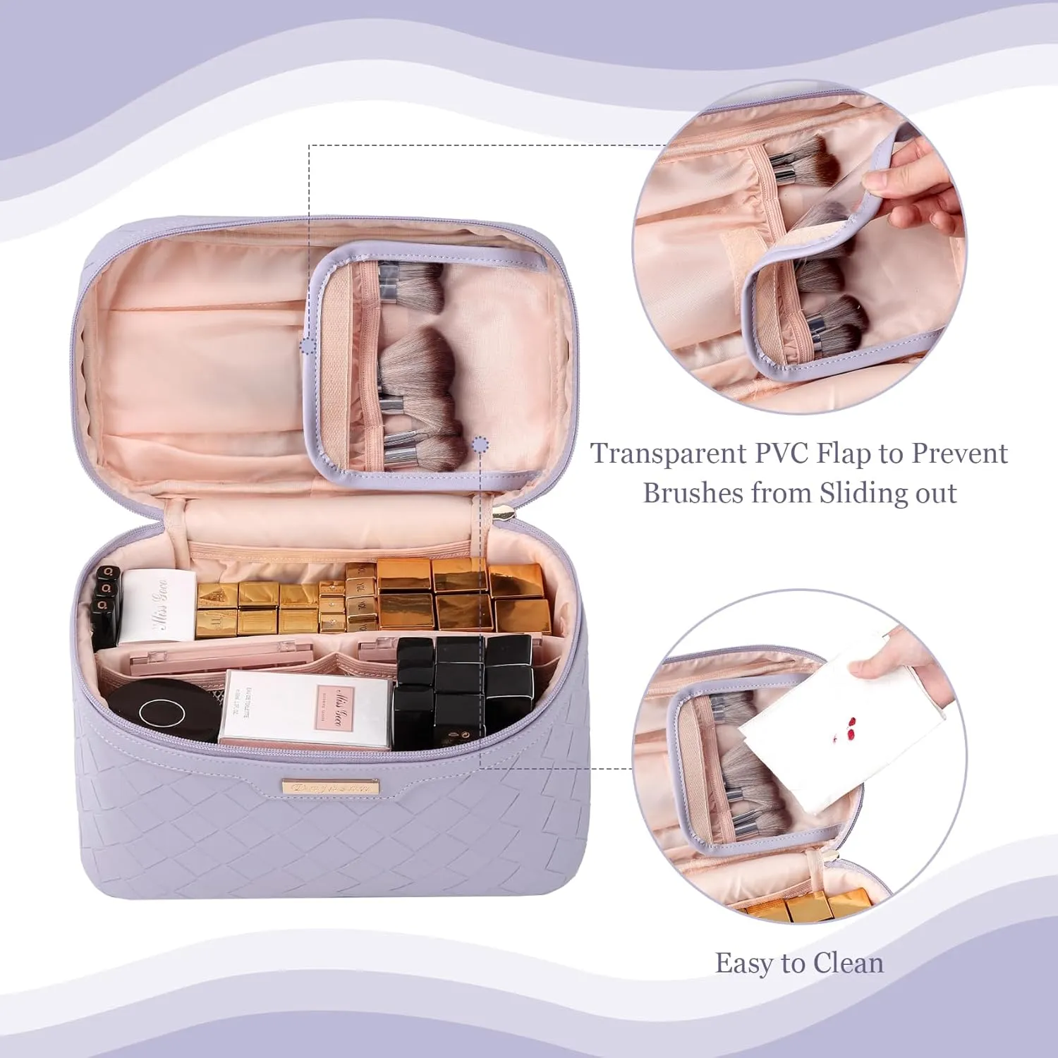 Dajasan Makeup Bag, Travel Cosmetic Bag for Girls Women, Large Capacity Makeup Organizer Case, Travel Toiletry Bag, PU Leather Waterproof 11.81 x 6.7 x 7.09 Inch (Purple)