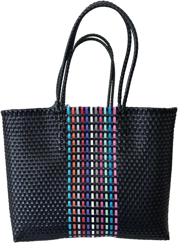 Dallas Hill Designs Handwoven Super Tote Bag for Women | Recycled Plastic Shoulder Purse | Summer Beach, Pool, and Travel Handbag (Navy & White)