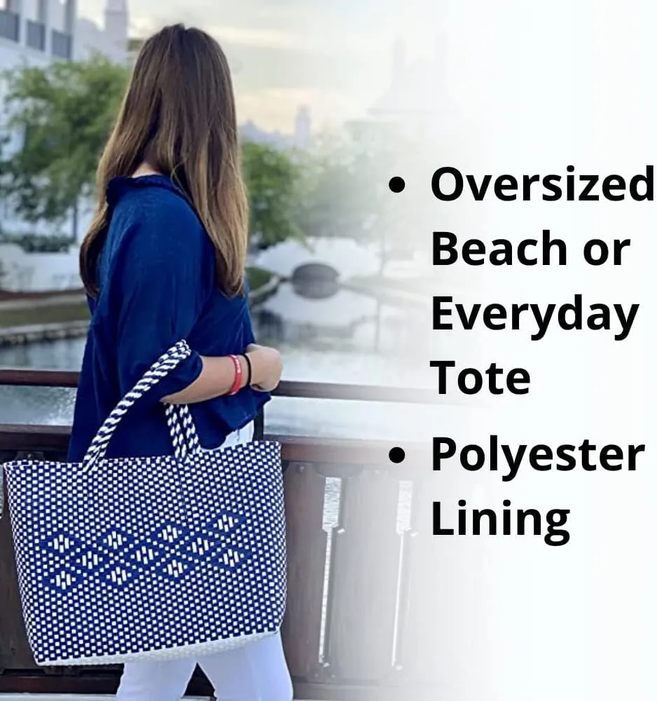 Dallas Hill Designs Handwoven Super Tote Bag for Women | Recycled Plastic Shoulder Purse | Summer Beach, Pool, and Travel Handbag (Navy & White)