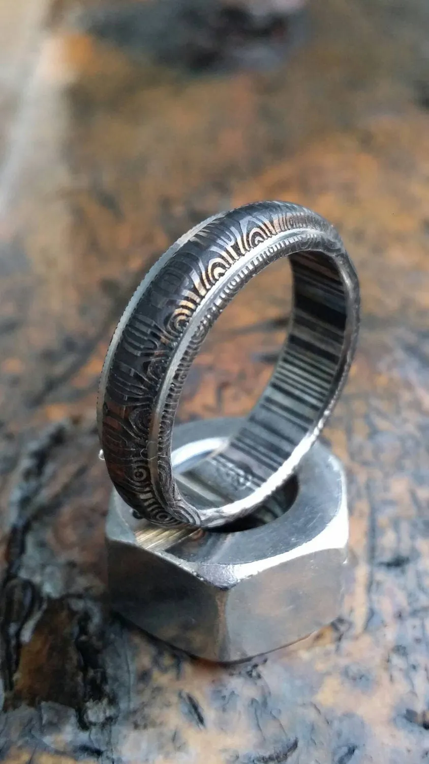Damascus steel ring "traditional -black & blue twist"   Customizable ring! Mens rings wedding band engagement ring, engagement ring
